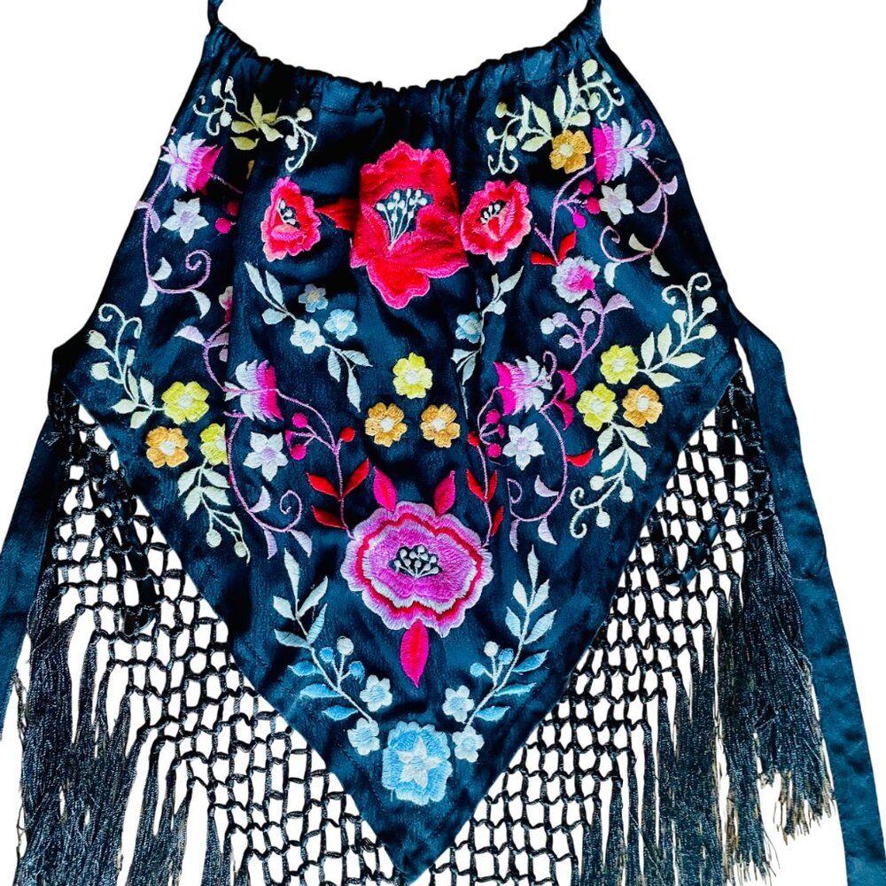 Black + Colorful Floral Embroidered Vintage Halter Top w/ Fringe Fairy Whimsey - Picture 3 of 7